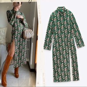 Zara MIDI Green Print Dress with Slit